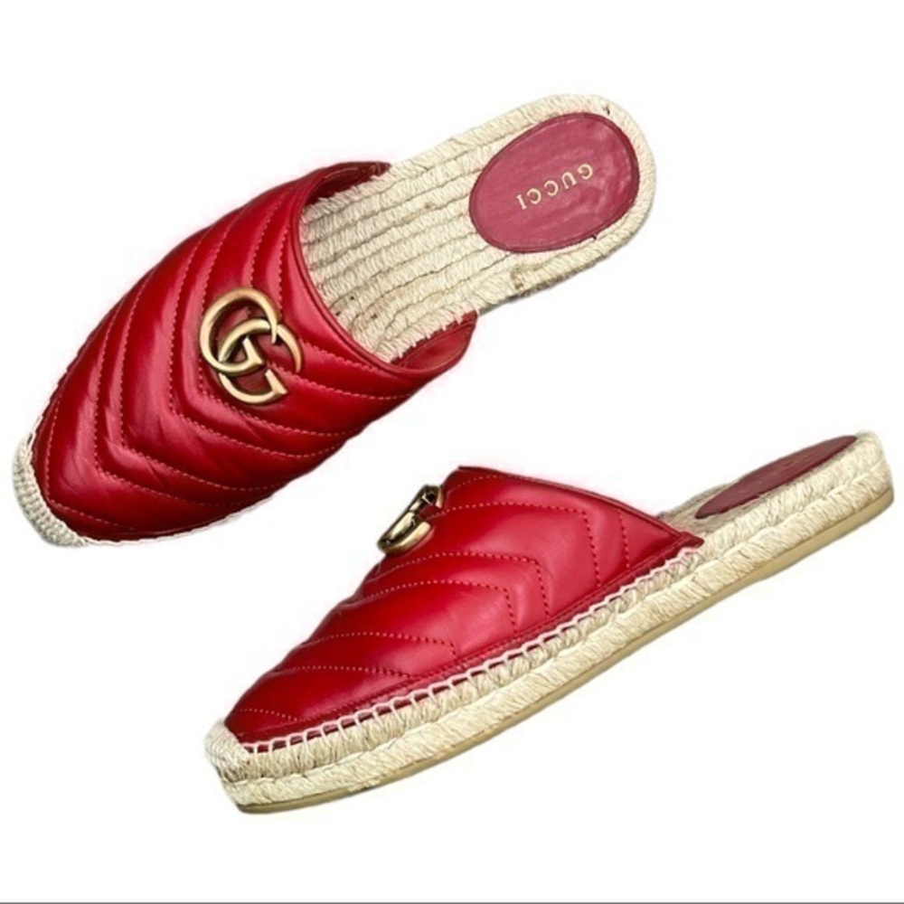 GUCCI Nappa Charlotte Hibiscus Red Leather GG Marmont Espadrille Mules Size 39.5